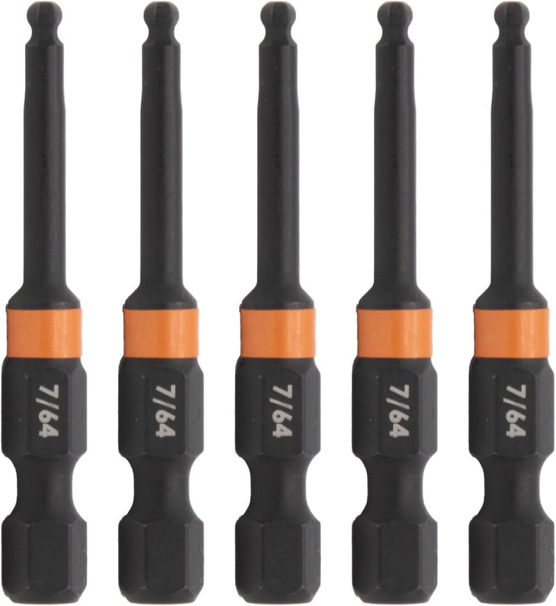 Railer Ball-End Hex 7/64" Impact Driver Bit - Allen Wrench Drill Hex Bits. 1/4 Quick Release S2 Steel 2 inch 7/64" Ball-End Hex Bits. (5 Pack) - Image 1